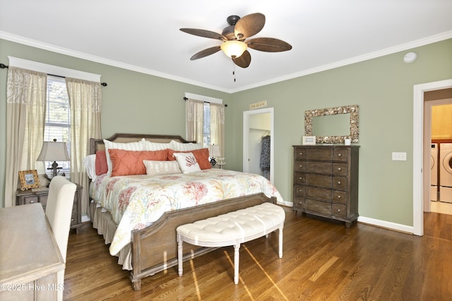 bedroom with ornamental molding, baseboards, and wood finished floors