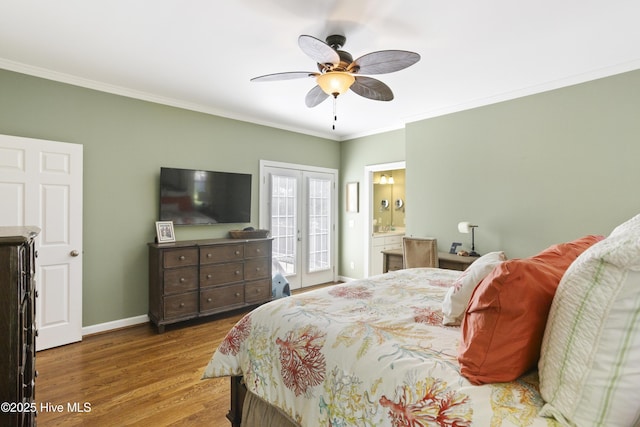 bedroom with wood finished floors, baseboards, access to exterior, ornamental molding, and french doors