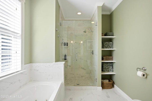 full bathroom with marble finish floor, crown molding, a marble finish shower, a jetted tub, and baseboards