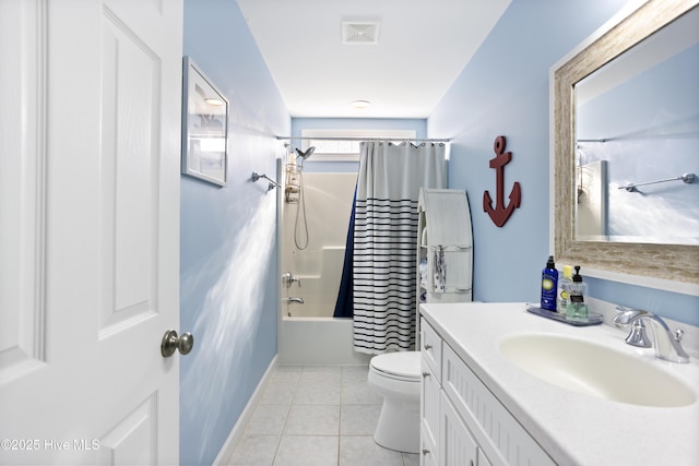 bathroom featuring toilet, vanity, visible vents, tile patterned floors, and shower / bathtub combination with curtain