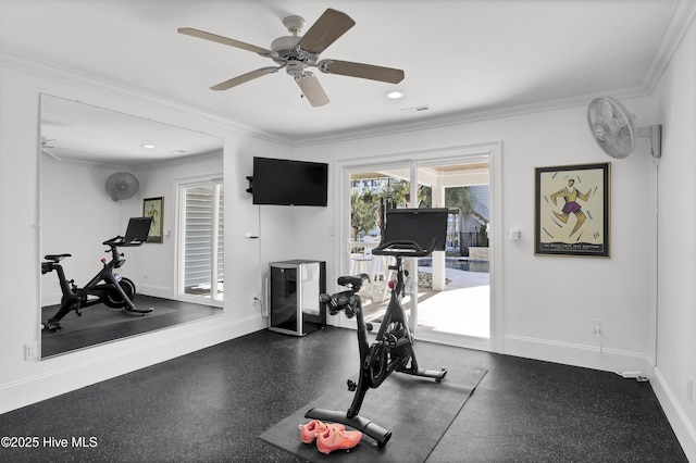 workout room with ceiling fan and ornamental molding