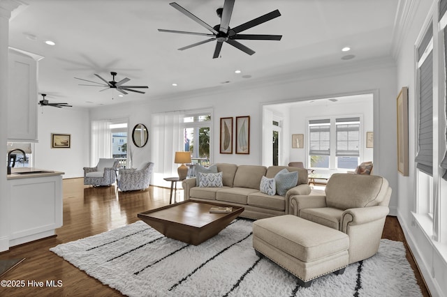 living room featuring a healthy amount of sunlight, crown molding, sink, and dark wood-type flooring