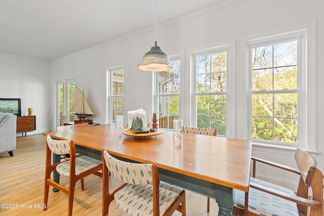 dining area featuring light wood-type flooring and ornamental molding