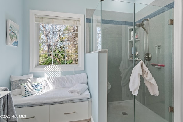 bathroom featuring an enclosed shower and a healthy amount of sunlight