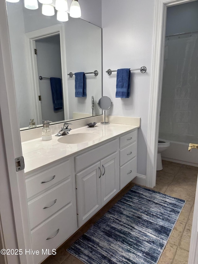 full bathroom with shower / bathtub combination, toilet, and vanity