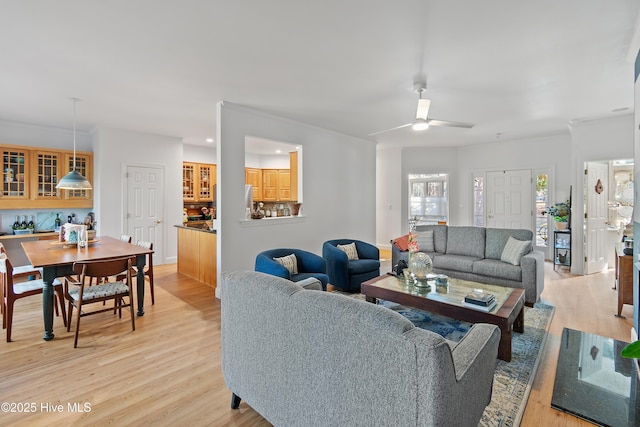 living room featuring ceiling fan and light hardwood / wood-style flooring