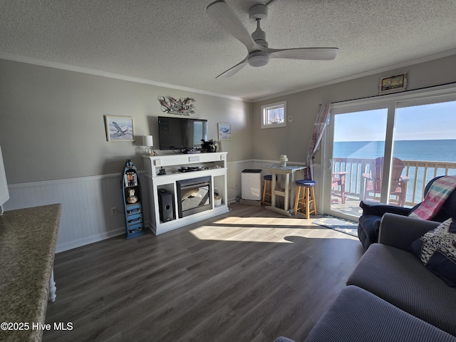 living room with ceiling fan, crown molding, dark wood-type flooring, and a textured ceiling