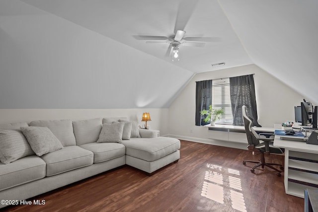 office area with ceiling fan, dark hardwood / wood-style flooring, and vaulted ceiling