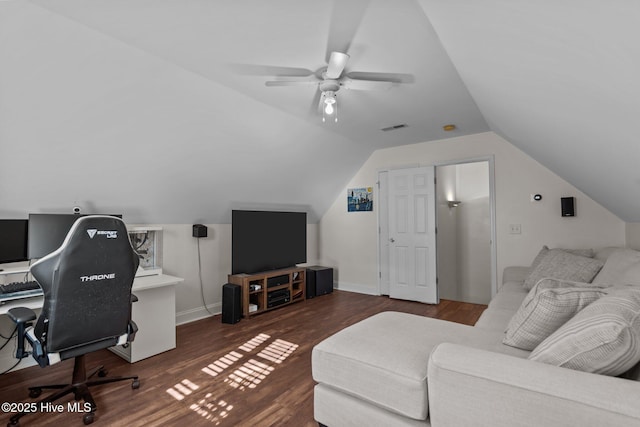 office area featuring ceiling fan, dark hardwood / wood-style flooring, and lofted ceiling