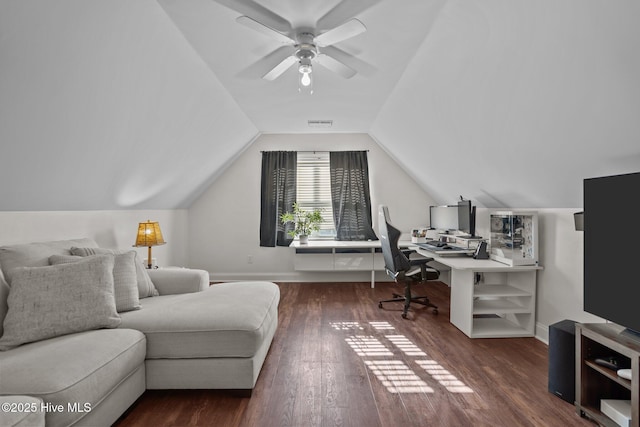 office area with dark hardwood / wood-style floors, ceiling fan, and lofted ceiling