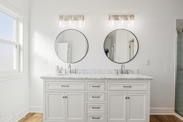 bathroom with wood-type flooring, vanity, and walk in shower