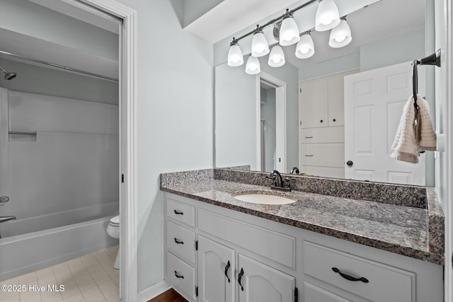 full bathroom with shower / tub combination, vanity, toilet, and tile patterned floors