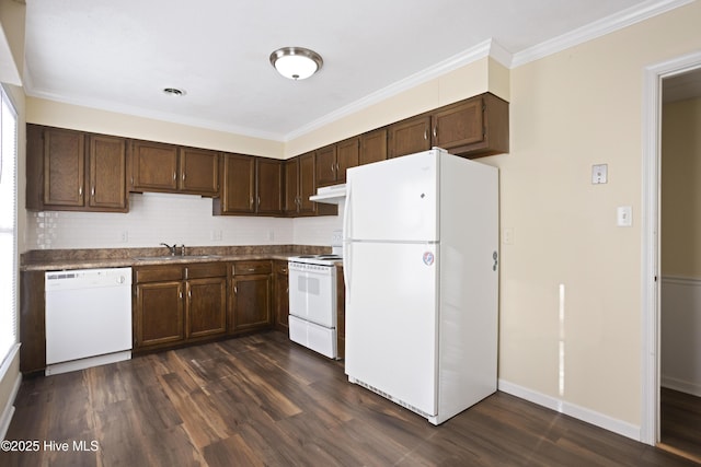 kitchen with dark wood-type flooring, sink, white appliances, and ornamental molding