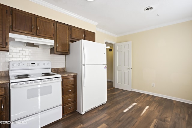 kitchen with white appliances, dark hardwood / wood-style flooring, backsplash, ornamental molding, and dark brown cabinets