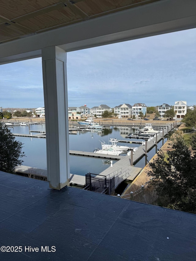 view of dock with a water view