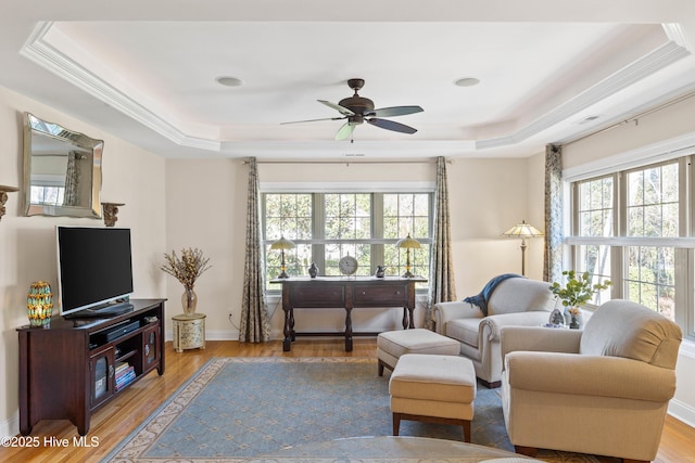 living room featuring a raised ceiling, ceiling fan, and light wood-type flooring