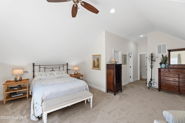 bedroom featuring lofted ceiling, light carpet, and ceiling fan