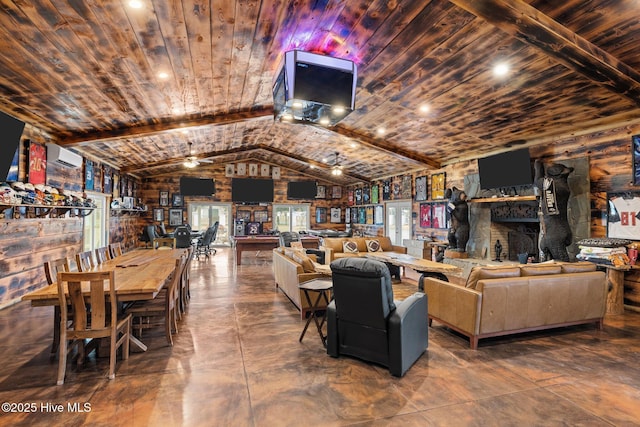 living room with lofted ceiling with beams, ceiling fan, wooden ceiling, and a wall mounted AC