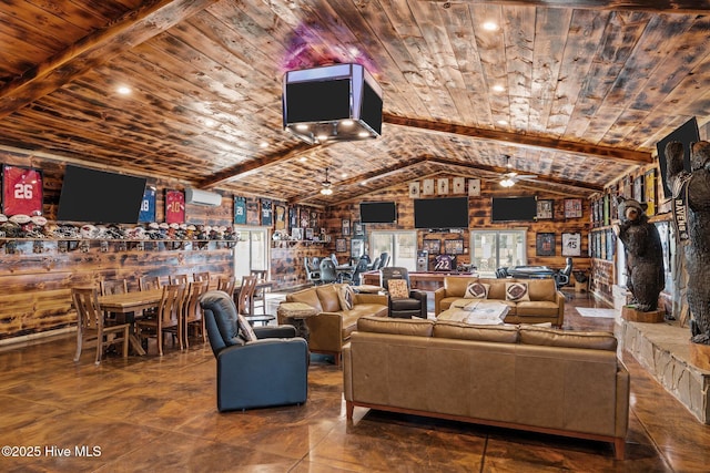 tiled living room featuring a wall unit AC, vaulted ceiling with beams, ceiling fan, and wooden ceiling