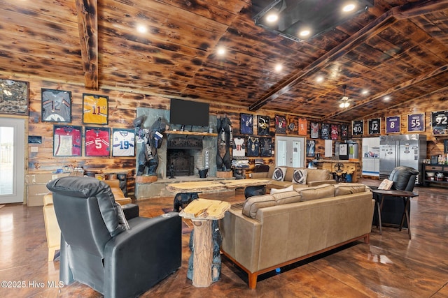 living room featuring wood walls, lofted ceiling, a fireplace, and wood ceiling