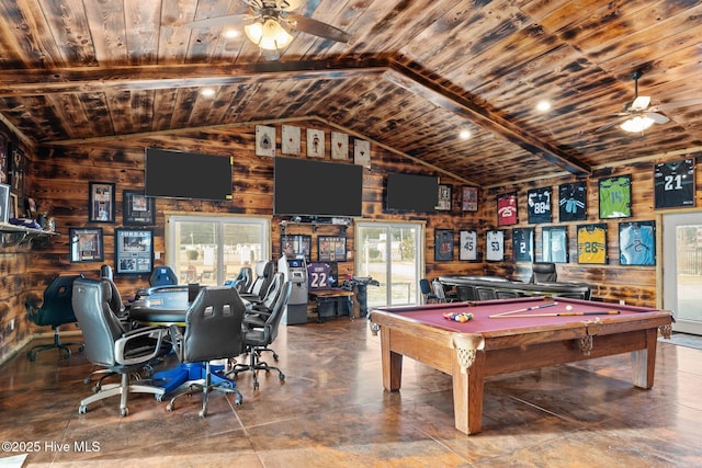 playroom with wooden walls, wooden ceiling, lofted ceiling with beams, and pool table