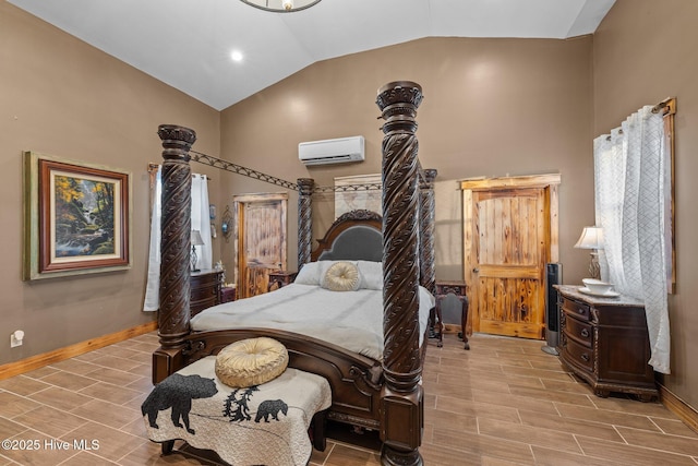 bedroom featuring an AC wall unit and lofted ceiling