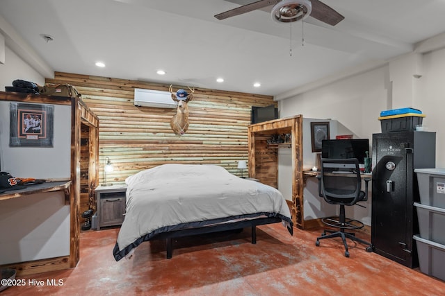 bedroom featuring rustic walls, ceiling fan, and a wall mounted air conditioner