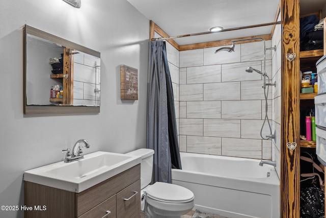 full bathroom featuring vanity, toilet, and shower / bathtub combination with curtain