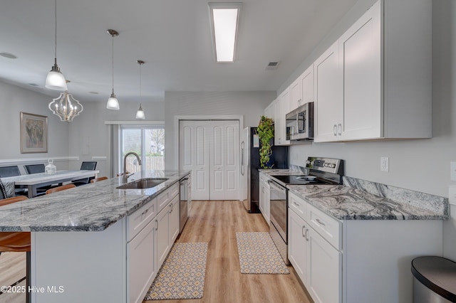 kitchen featuring white cabinetry, sink, light stone counters, pendant lighting, and appliances with stainless steel finishes