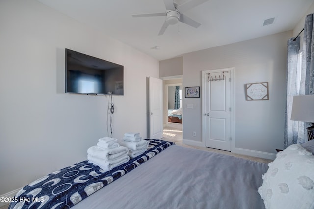 bedroom featuring carpet flooring and ceiling fan