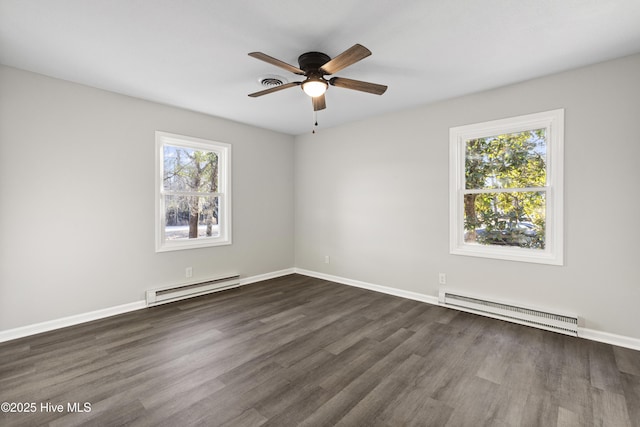 unfurnished room with baseboard heating, ceiling fan, and dark hardwood / wood-style flooring