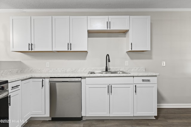 kitchen with dishwasher, white cabinetry, sink, and ornamental molding