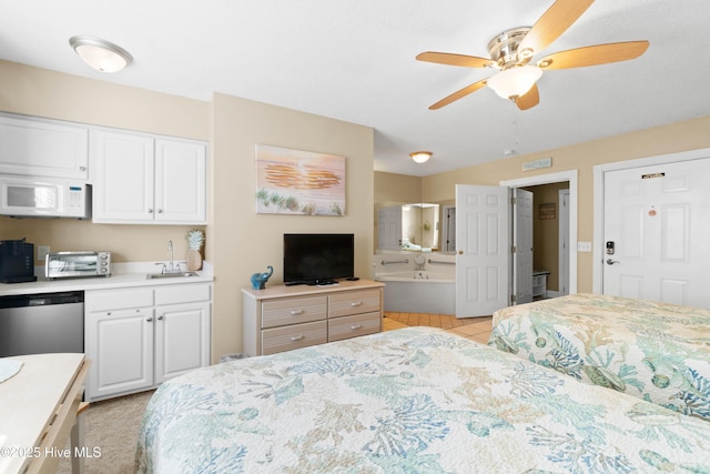 tiled bedroom with sink and ceiling fan