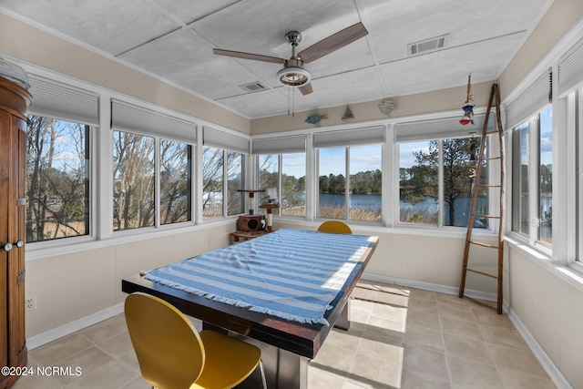 sunroom / solarium featuring a wealth of natural light, ceiling fan, and a water view