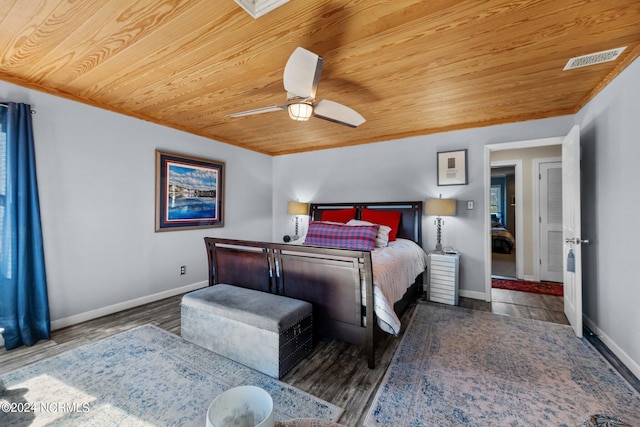 bedroom featuring ceiling fan, wood ceiling, dark wood-type flooring, and ornamental molding