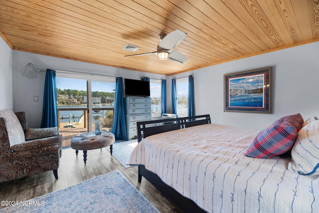 bedroom featuring ceiling fan, wood-type flooring, and wood ceiling