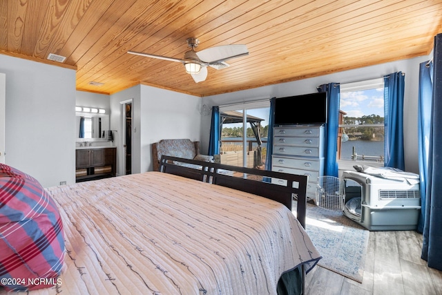 bedroom featuring access to exterior, ornamental molding, ceiling fan, wood-type flooring, and wooden ceiling