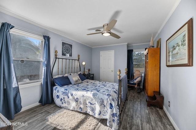 bedroom featuring ceiling fan, dark hardwood / wood-style flooring, and ornamental molding