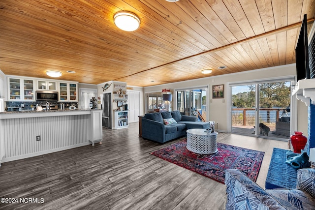 living room featuring wood-type flooring and wood ceiling