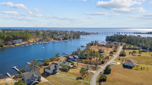 aerial view featuring a water view