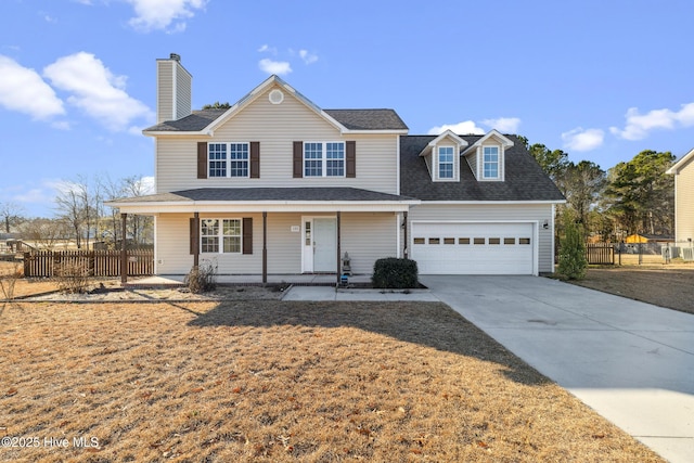 front facade with covered porch and a front yard