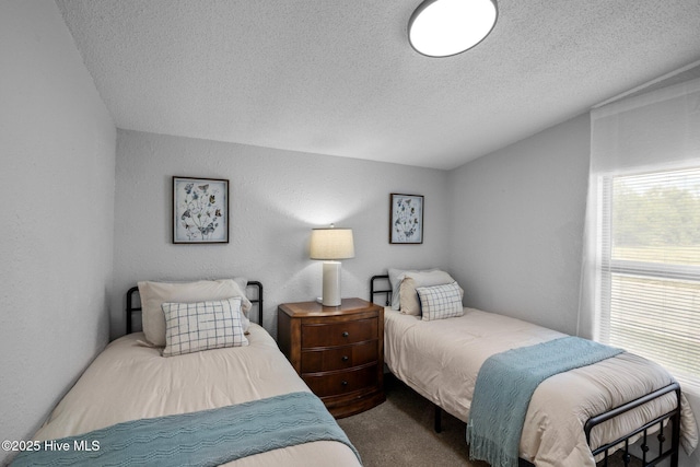 bedroom with carpet and a textured ceiling