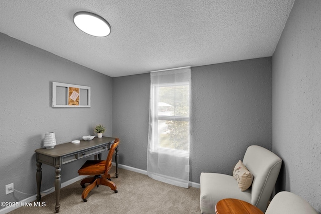 office area with light colored carpet and a textured ceiling