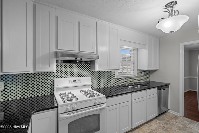 kitchen featuring white cabinets, ventilation hood, pendant lighting, dishwasher, and white gas stove