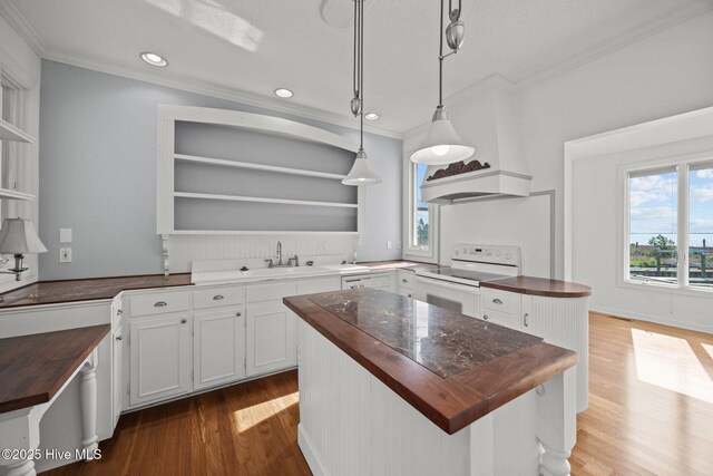 530 E St, Belhaven, NC 27810 - kitchen with white electric range oven, open shelves, ornamental molding, and butcher block countertops