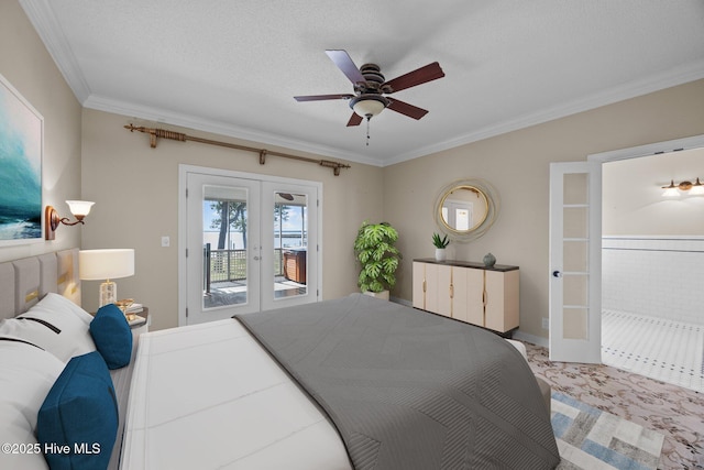 bedroom featuring carpet flooring, ornamental molding, access to exterior, and french doors
