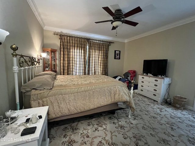 bedroom featuring ceiling fan, light carpet, and crown molding