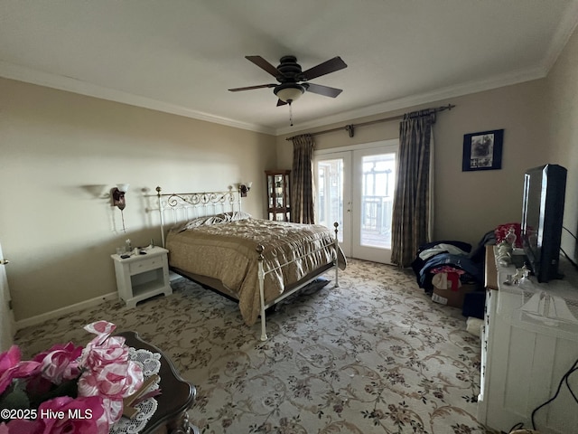 bedroom with ceiling fan, crown molding, access to outside, and french doors