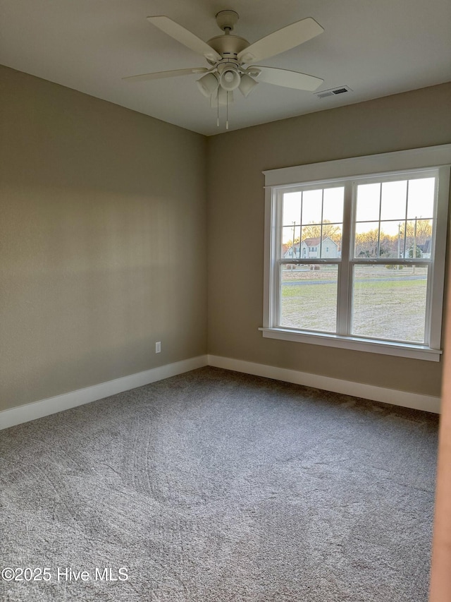 spare room featuring ceiling fan and carpet floors