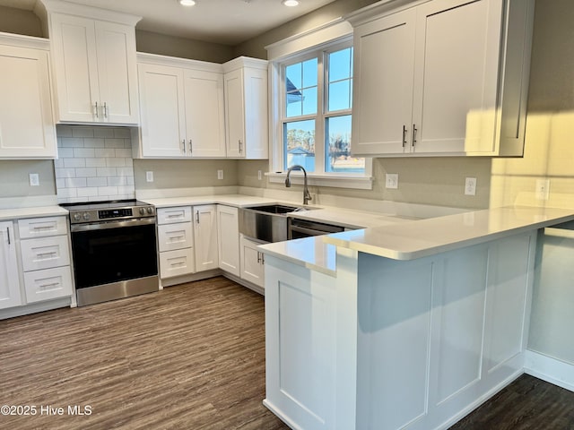 kitchen featuring white cabinetry, dark hardwood / wood-style flooring, sink, stainless steel dishwasher, and stove